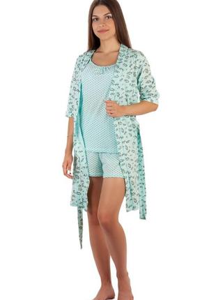 Комплект домашний женский (шорты, майка, халат), пижама хлопковая женская с халатом, комплект 3в1 для женщин6 фото