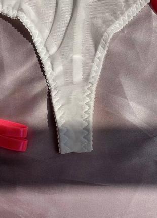 Белый прозрачный комплект в сеточку и розовые гартеры.5 фото