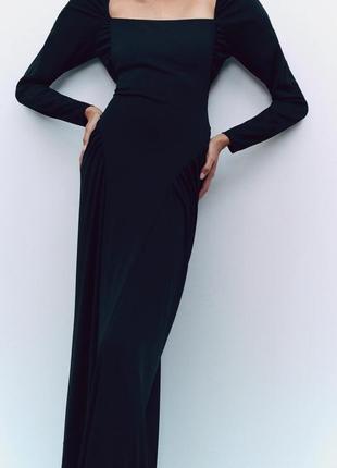 Платье zara с драпировкой актуальное чёрное длинное макси длинным рукавом вечернее выпускной2 фото