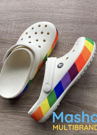 Женские кроксы крокбэнд белые радуга, crocs crocband rainbow1 фото