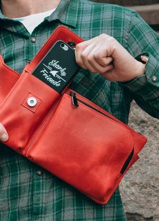 Красная кожаная бананка, поясная сумка, нагрудная бандитка