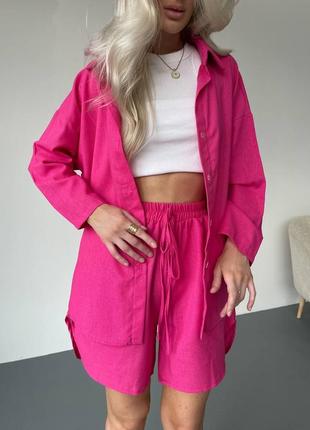 Льняной легкий модный трендовый розовый барби малиновый костюм 🕊️20231 фото