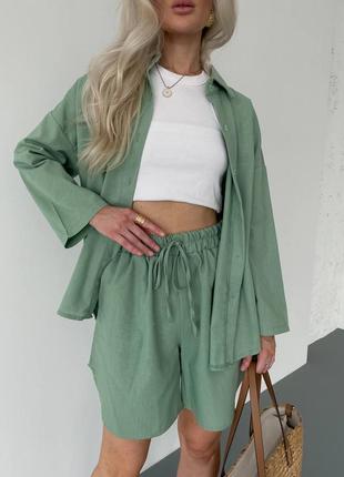 Льняной легкий модный трендовый зеленый хаки костюм 🕊️2023