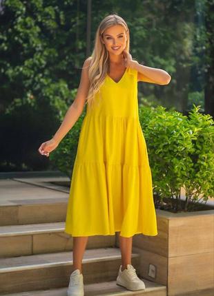 Стильный легкий сарафан миди широкий свободного кроя удобный повседневный платье зеленого цвета желтый5 фото