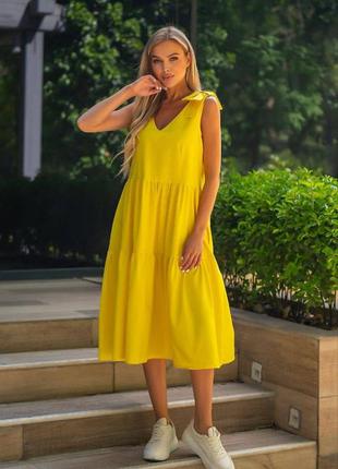 Стильный легкий сарафан миди широкий свободного кроя удобный повседневный платье зеленого цвета желтый10 фото