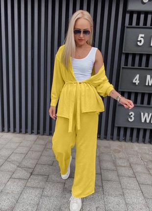 Костюм двойка оверсайз-брюки свободные комплект с поясом бежевый черный белый фиолетовый синий розовый голубой хаки повседневный