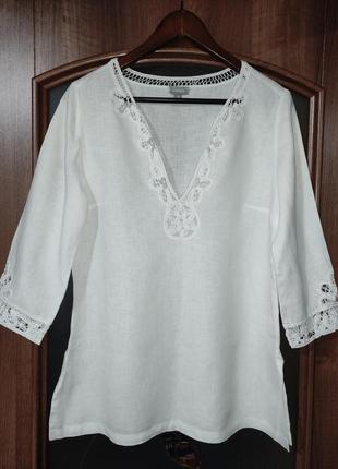 Білосніжна льняна сорочка / блуза з мереживом lindex (100% льон)1 фото