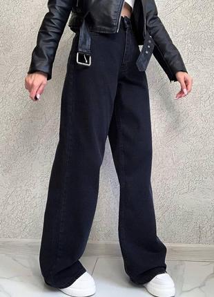 Трендовые женские джинсы палаццо, черные, прямые, с высокой посадкой - женская одежда5 фото