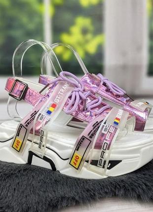 Босоножки сандалии женские розовые спортивные на платформе со шнурками 25277 фото