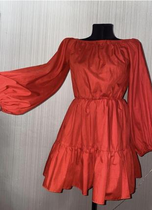 Шикарное красное платье пишное поплин с обьемными рукавами