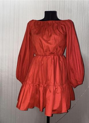 Шикарное красное платье пишное поплин с обьемными рукавами2 фото
