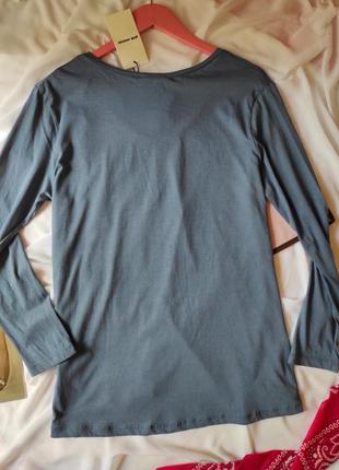 Тоненький свитер хлопка удлиненный до длинного рукава с v вырезом серо-голубой5 фото