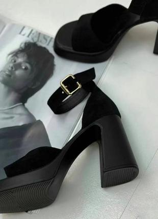 Женские босоножки черные замша на каблуках, стильные удобные босоножки3 фото