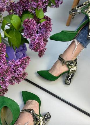 Эксклюзивные туфли из натуральной итальянской кожи и замша женские на каблуке с ремешками