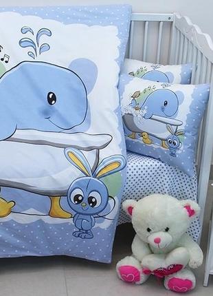 Комплект дитячої постільної білизни для малюків у ліжечко бавовна 100% туреччина whale кіт блакитний1 фото