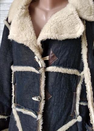 Женская дублёнка colin's джинсовая натуральная с мехом 46 размера плюс сумка муфта6 фото