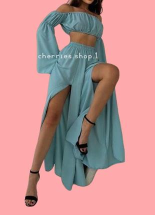 Костюм летний топ с рукавами и штаны кллёш