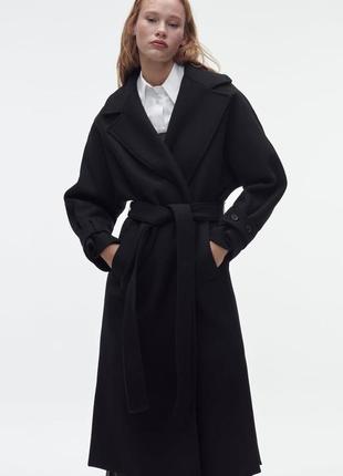 Вовняне пальто з ременем zara  чорного кольору1 фото