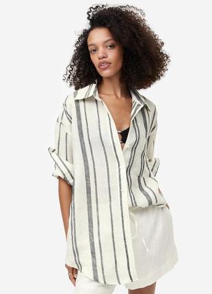 Льняна пряма вільна біла сорочка в смужку m&s autograph