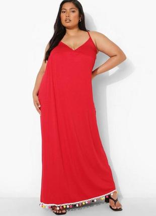 Красный свободный макси-платье с цветными помпонами3 фото
