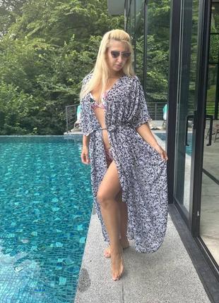 Шикарная пляжная туника платье накидка кардиган парео пеньюар для пляжа чёрная синяя длинная шифоновая купальник