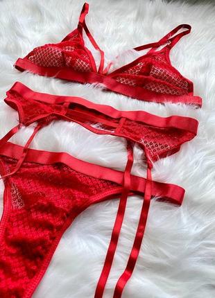 Комплект в красный и синий электрик в мелкую сеточку с гартерами.