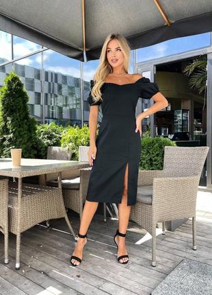 Платье миди лён приталенное по фигуре с разрезом на юбке с короткими рукавами фонариками буфами на резинке белый черный малина зелёный голубой