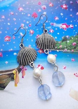 Серьги ракушка море лето жемч бижутер кульчики пляж hand made капл серёжки бохо подвески