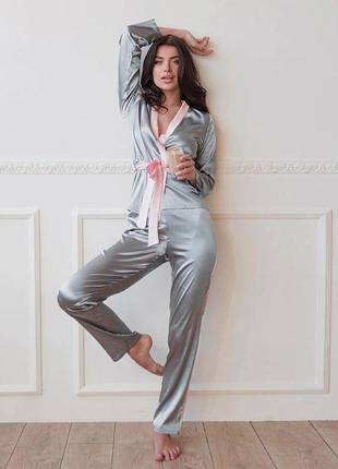 Пижама женская шелковая. комплект атласный кружевной с длинным рукавом, штанами и топом. размер m (серый)2 фото