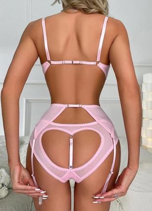 Розовое сексуальное полупрозрачное женское нижнее белье комплект открытый с наклейками на соски4 фото