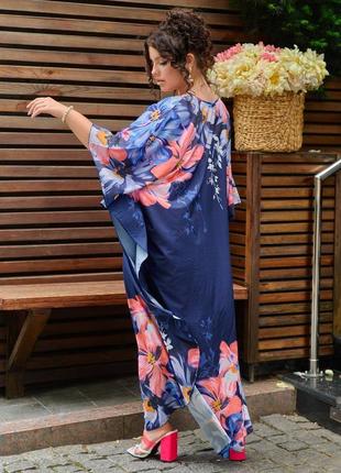 Женское длинное платье туника летнее пляжное платье синее с цветами3 фото