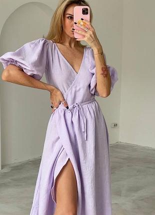 Платье сарафан миди лён на запах с рукавами фонариками буфами v-образный вырез приталенное с разрезом малина черный барби джинс мята лаванда белый