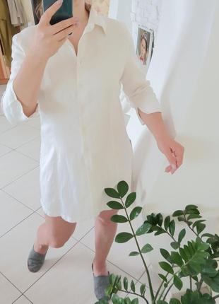 Льняное платье рубашка удлиненная белого цвета