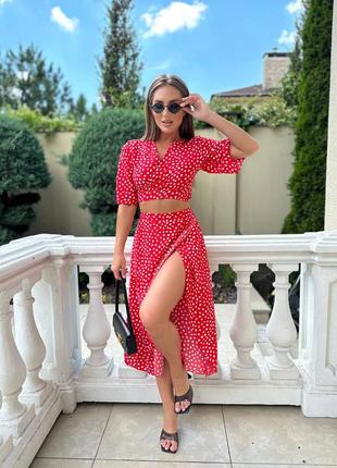 Жіночий костюм модний трендовий класичний повсякденний зручний якісний спідниця юбка і + та топ топік чорний червоний в горошок1 фото