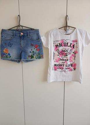 Набор летний костюм для девочки 9-10 лет : джинсовые шорты h&m и белая футболка1 фото