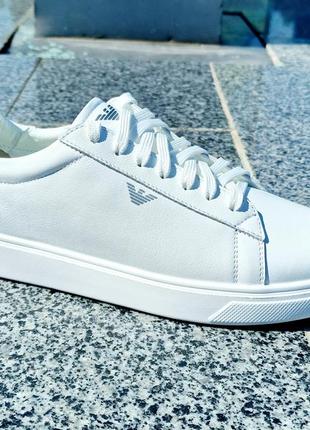 100% натуральная кожа!!! мужские кожаные базовые белые кроссовки / кеды в стиле emporio armani!!!
