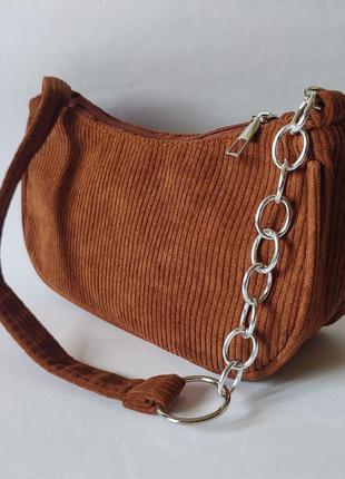 Вельветова коричнева сумочка з ланцюжком3 фото