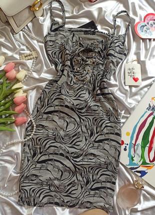 Трикотажний сарафан сукня зі шнурівкою на грудях принт зебри сірий6 фото