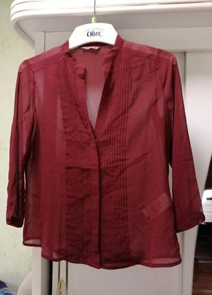 Шифонова блузка з довгим рукавом, плессировка, колір марсала, вишнева