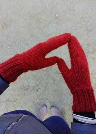 Тёплые вязаные варежки красные зимние рукавицы hand made р. xs/s