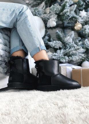 Крутые кожаные женские ugg с бантом в черном цвете (осень-зима-весна)😍