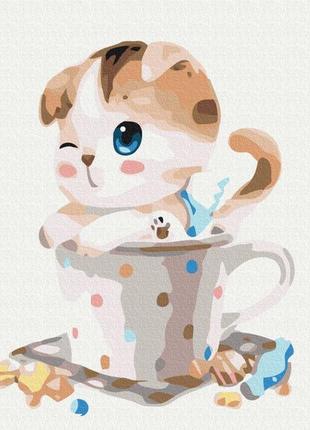 Картина по номерам 40х50 на деревянном подрамнике "котенок в чашке" bs8395
