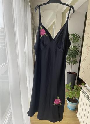 Ночная рубашка женская черная натуральный шелк вышивка франция м