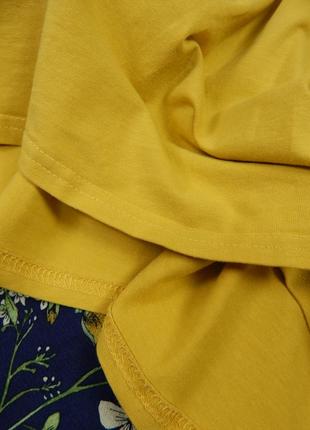 Трикотажное ярусное платье с оборкой отрезное свободного кроя длинный рукав натуральный хлопок горчичный6 фото
