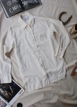 Стильная удлиненная рубашка блуза лен оверсайз с вышивкой mikey mouse1 фото