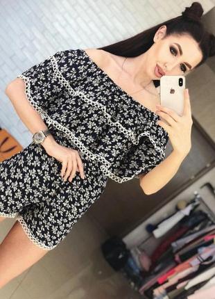 Шифоновый ромпер комбинезон с кружевом в цветочный принт