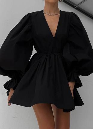 Женское летнее легкое льняное черное свободное короткое платье с длинным рукавом с декольте