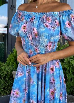 Стильна жіноча сукня/плаття блакитна у квітковий принт, довга,резинка на спині,на літо-жіночий одяг