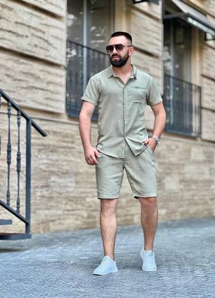 Костюм с шортами мужской легкий летний льняной на лето базовый черный синий белый...