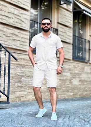 Костюм с шортами мужской легкий летний льняной на лето базовый черный синий белый...